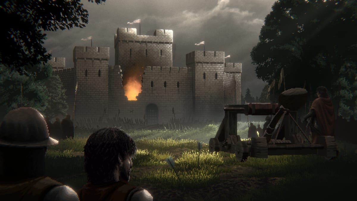 A castle wall burns during a catapult siege in Defender of the Crown: The Legend Returns